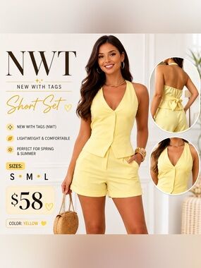 Yellow Women's Shorts Set - Sleeveless V-Neck Top & High-Waist Shorts
